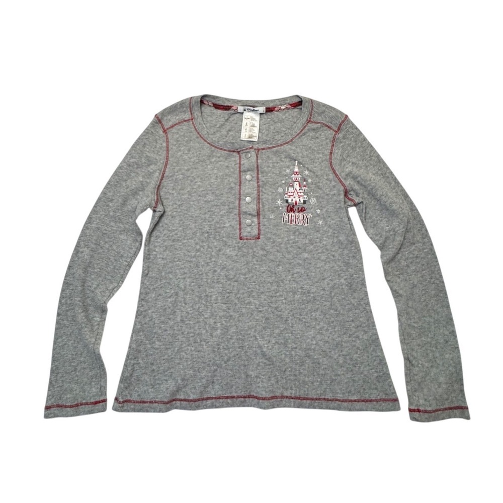 Disney Parks Oh So Merry Castle Waffle Knit Henley Top Gray Christmas‎ Womens S